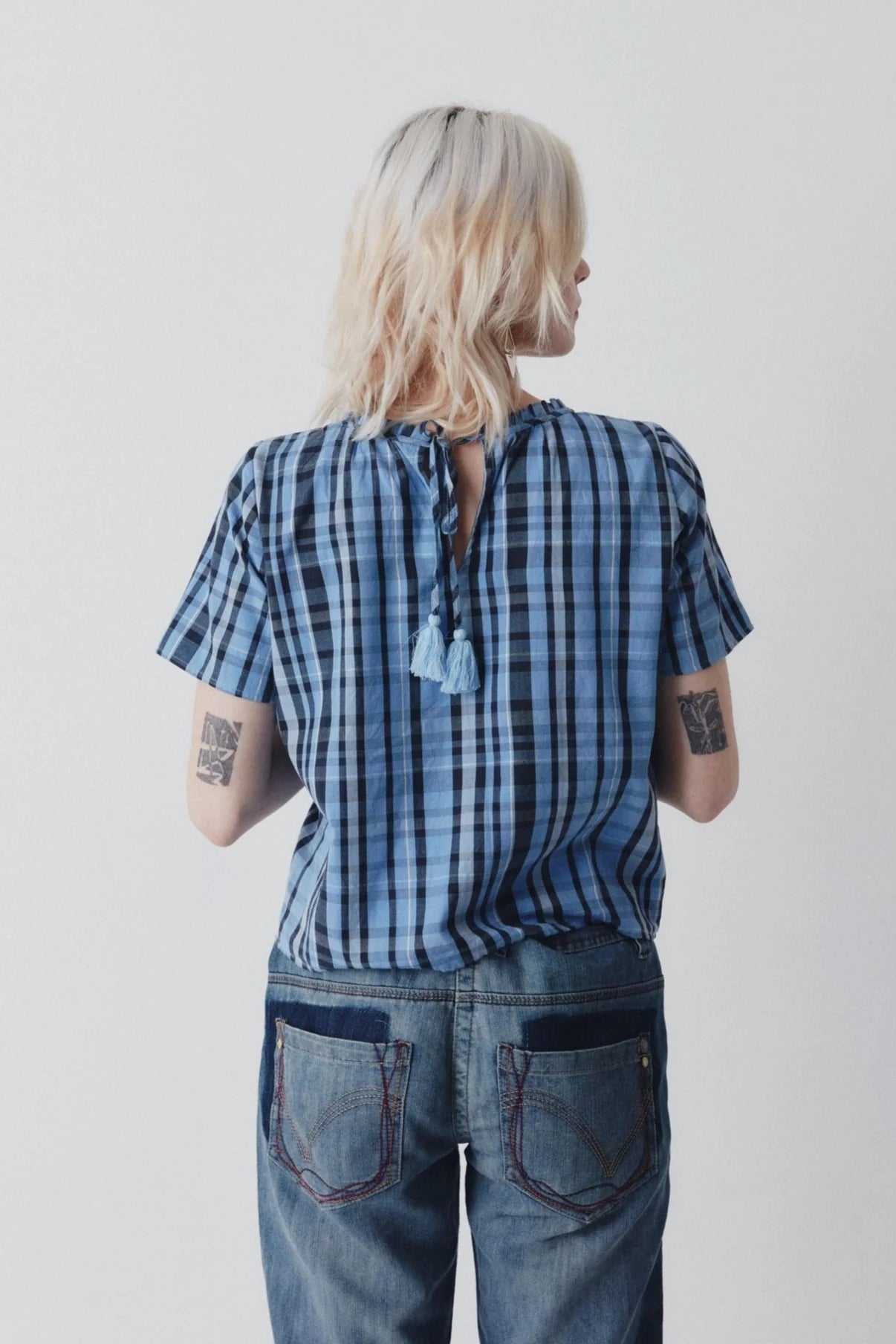 Shayla Reversible Frill Neck Blue Check