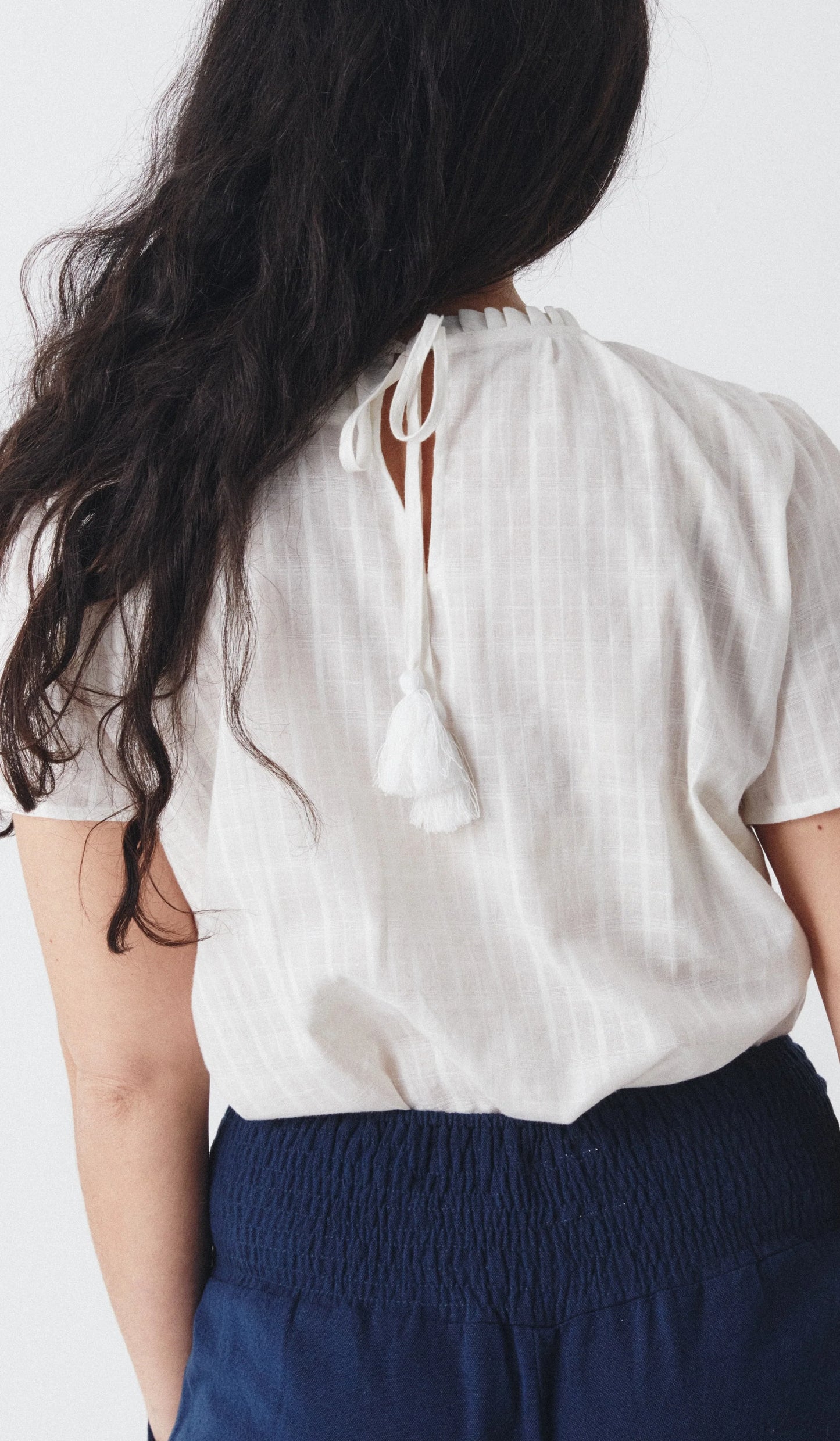 Shayla Top Reversible Frill Neck Blouse - White Self Check