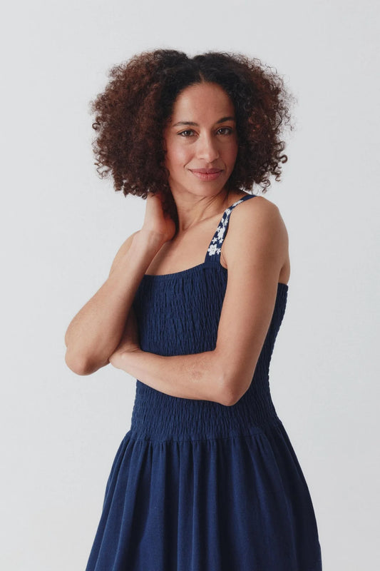 Lucy Dress Hand Embroidered Straps Navy