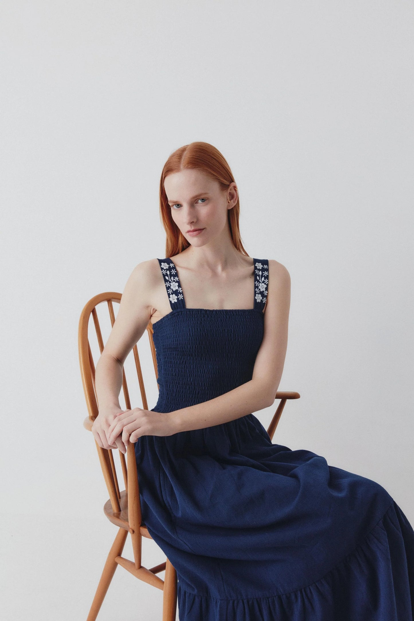 Lucy Dress Hand Embroidered Straps Navy