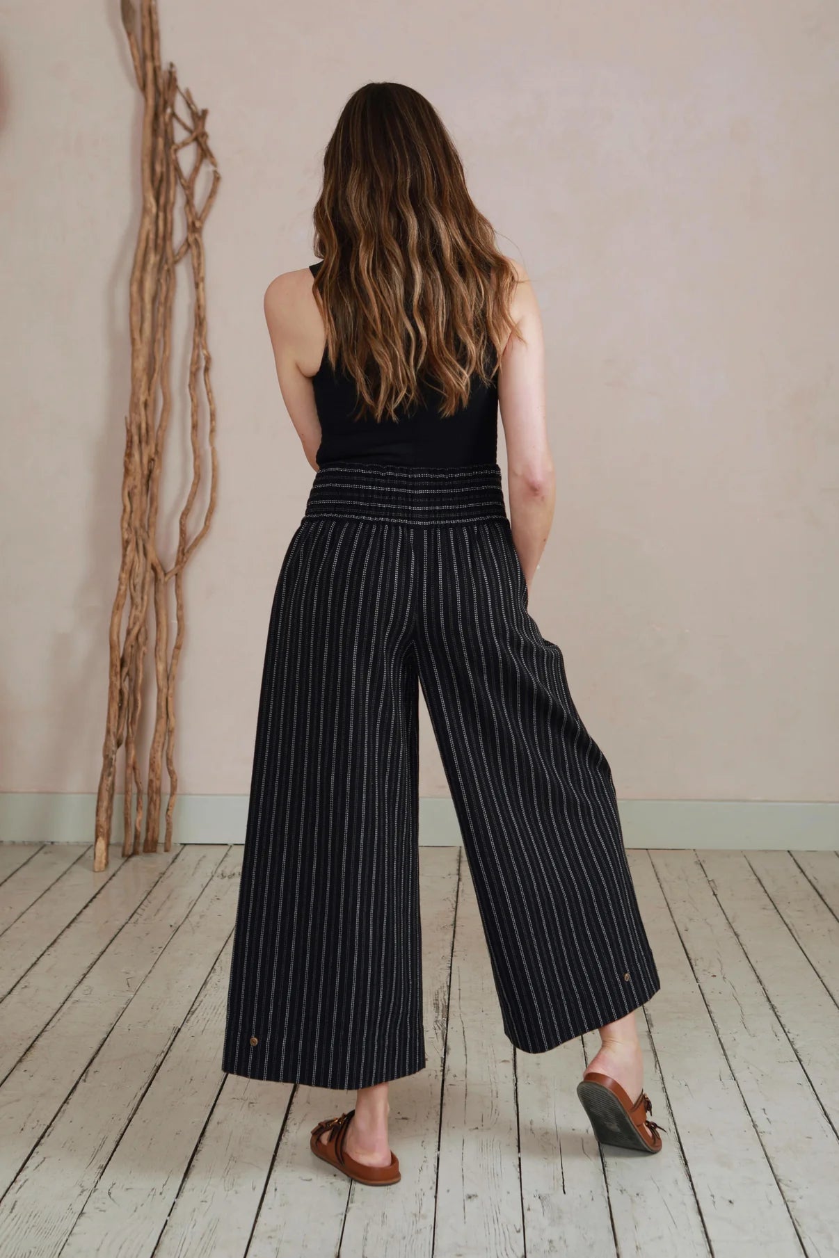 Wide Leg Trousers in Handwoven Organic Cotton - (Medium Weight Twill) - Black Stripe