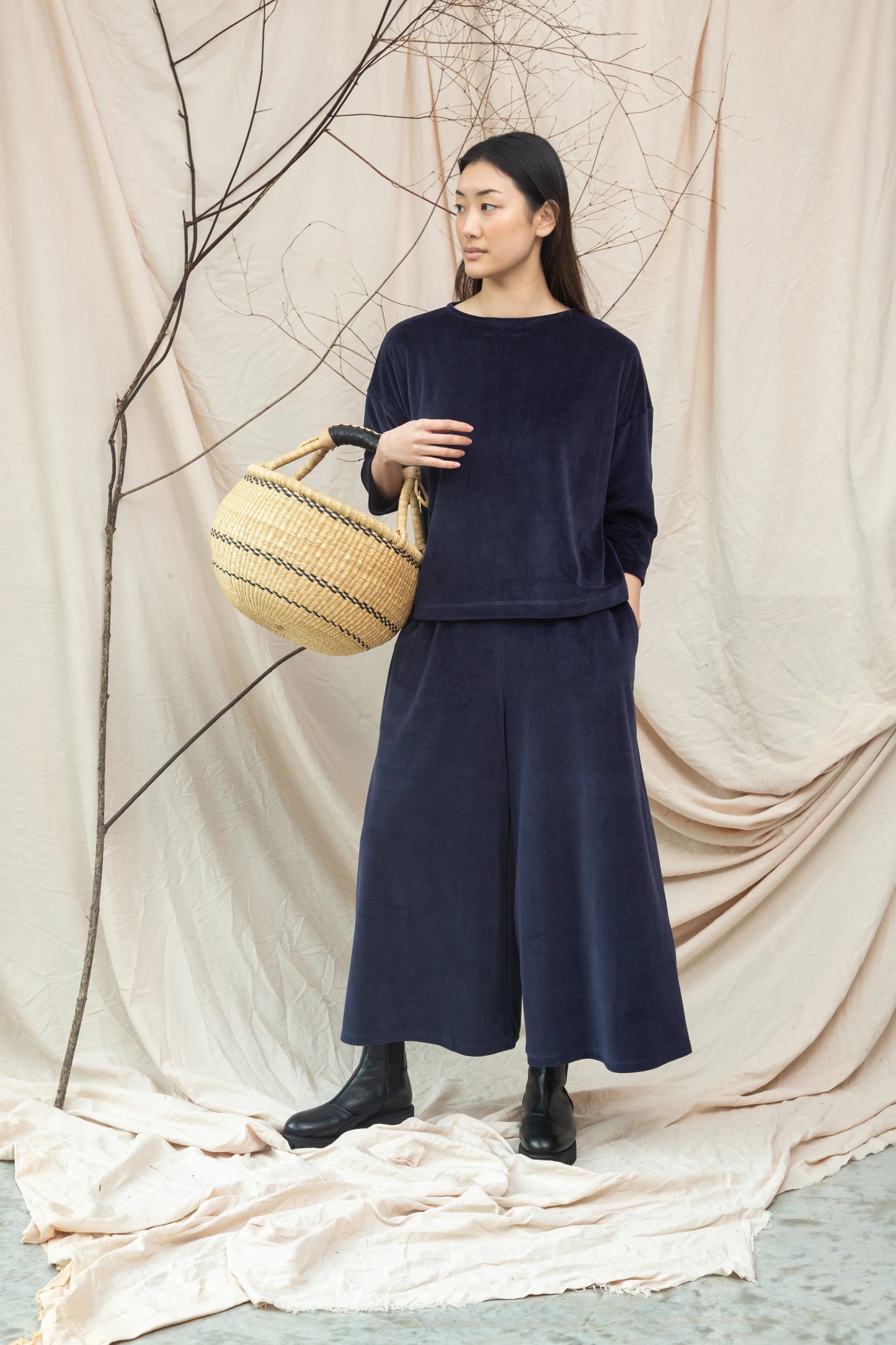 Odette Organic Cotton Velour Trousers Night Sky Navy