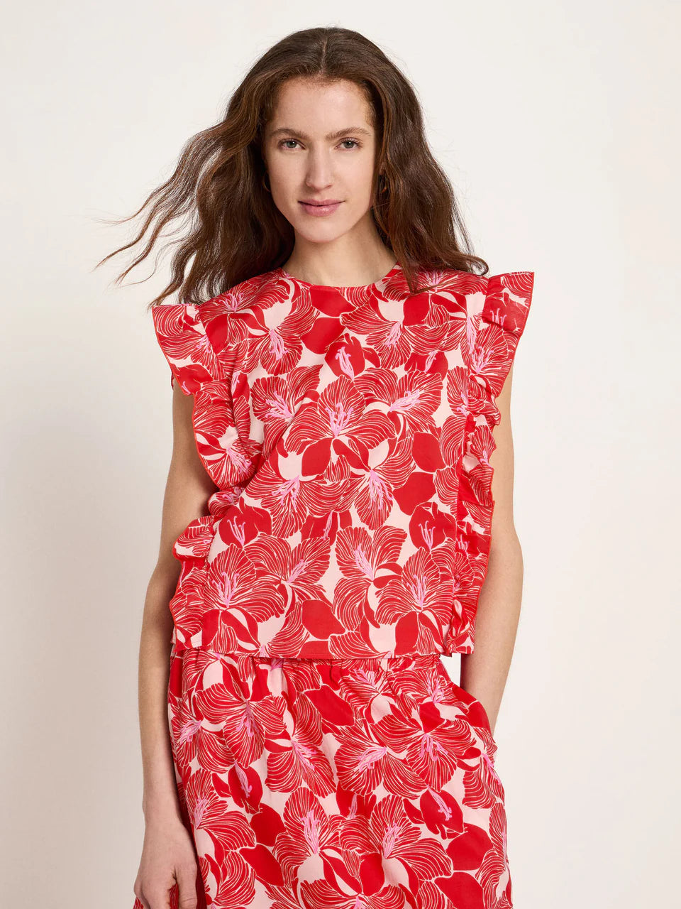 Ruffled Print Bloom Blouse Red