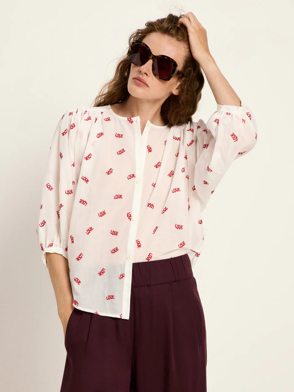 Blouse with Ruffles Off White with Love Print