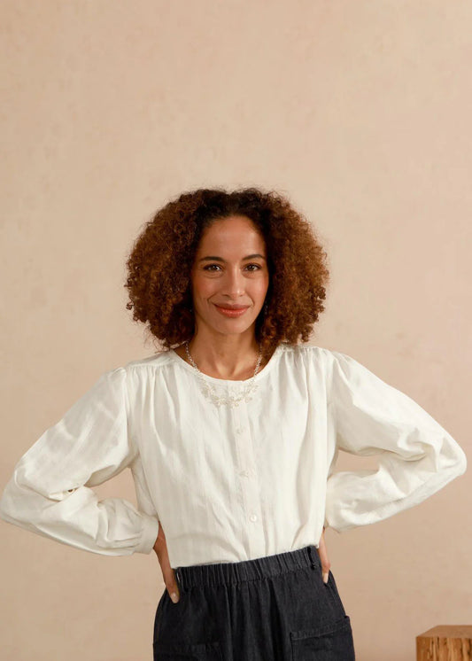 Laura Hand Woven Lace Weave White Blouse