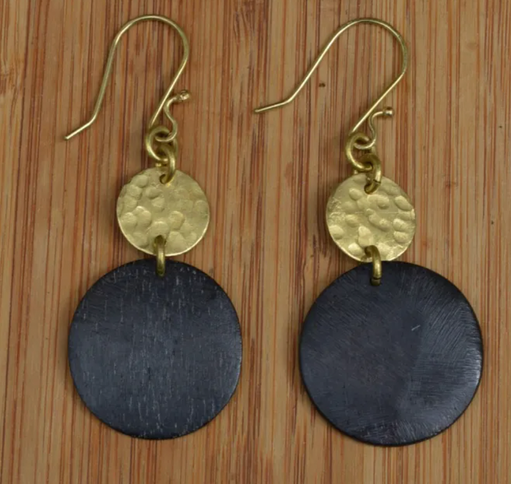 Black Bone & Brass Disc Earrings