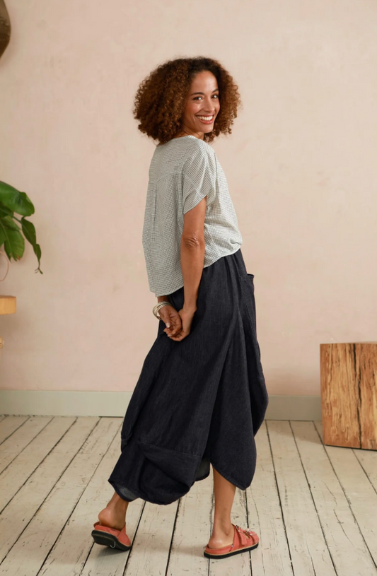 Boat Neck Top - Shorter Length - Cream and Grey Check