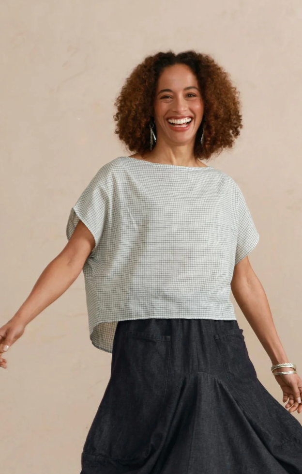 Slash Neck Top - Shorter Length - Cream and Grey Check
