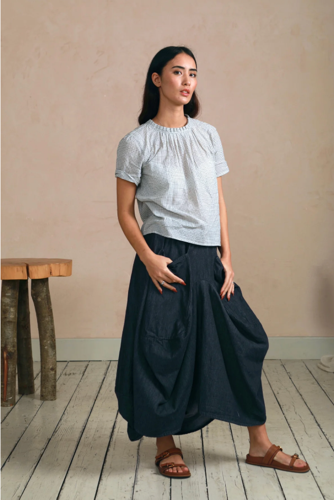 Shayla Top - Reversible Frill-Neck - Cream and Grey Check