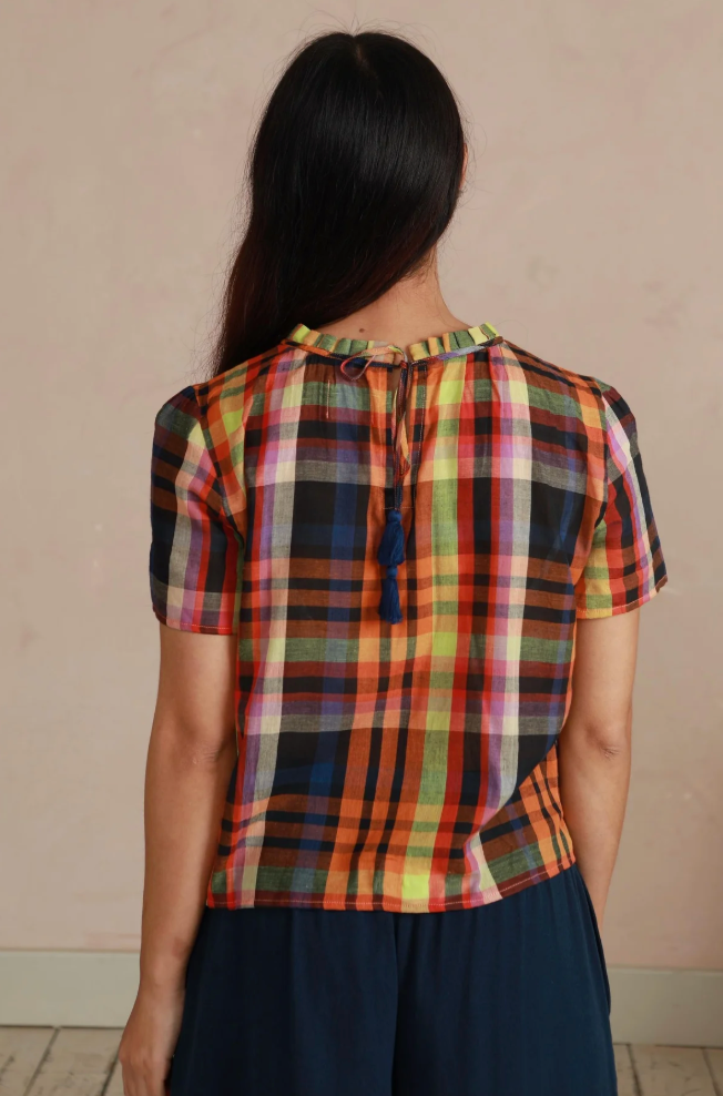 Shayla Top - Reversible Frill-Neck - Multi Check