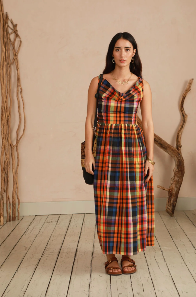 The Celia Cowl Neck Dress in Multi Check