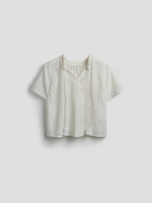 Shayla Top Reversible Frill Neck Blouse - White Self Check