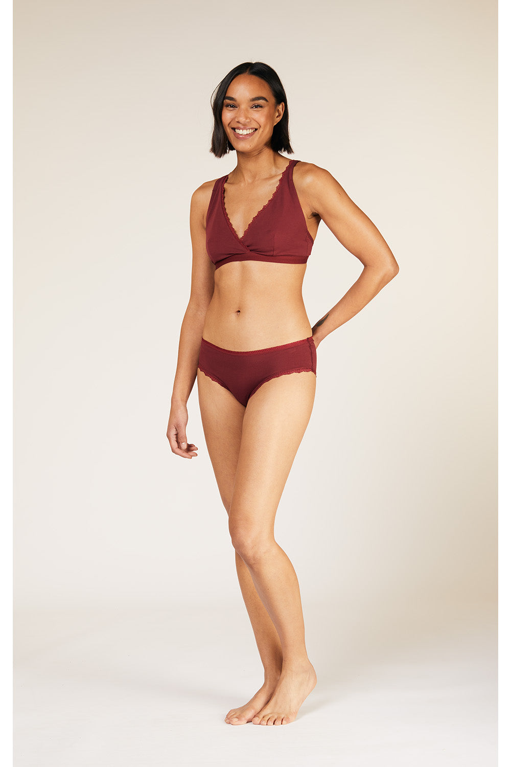 Organic Lace Trim Bra in Burgundy