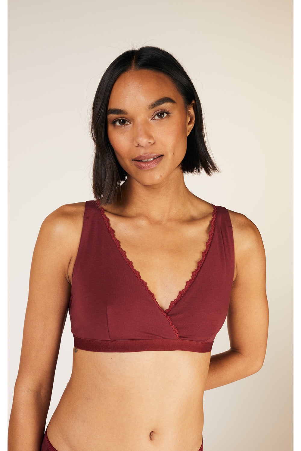Organic Lace Trim Bra in Burgundy