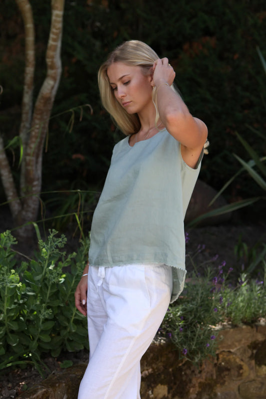 Aimie Olive Green Top 100% Linen