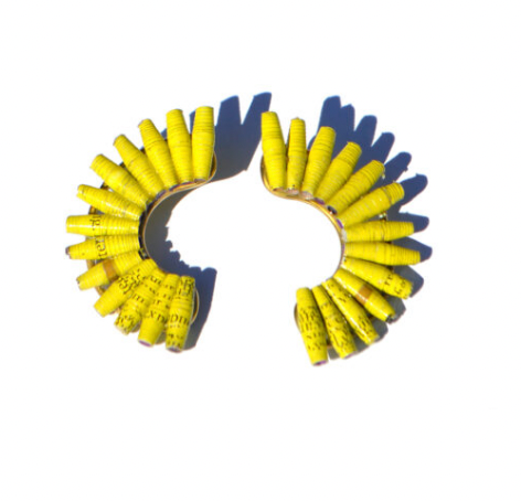 Quazi Design Fan Earrings in Yellow. Made from wastepaper in Eswatini.