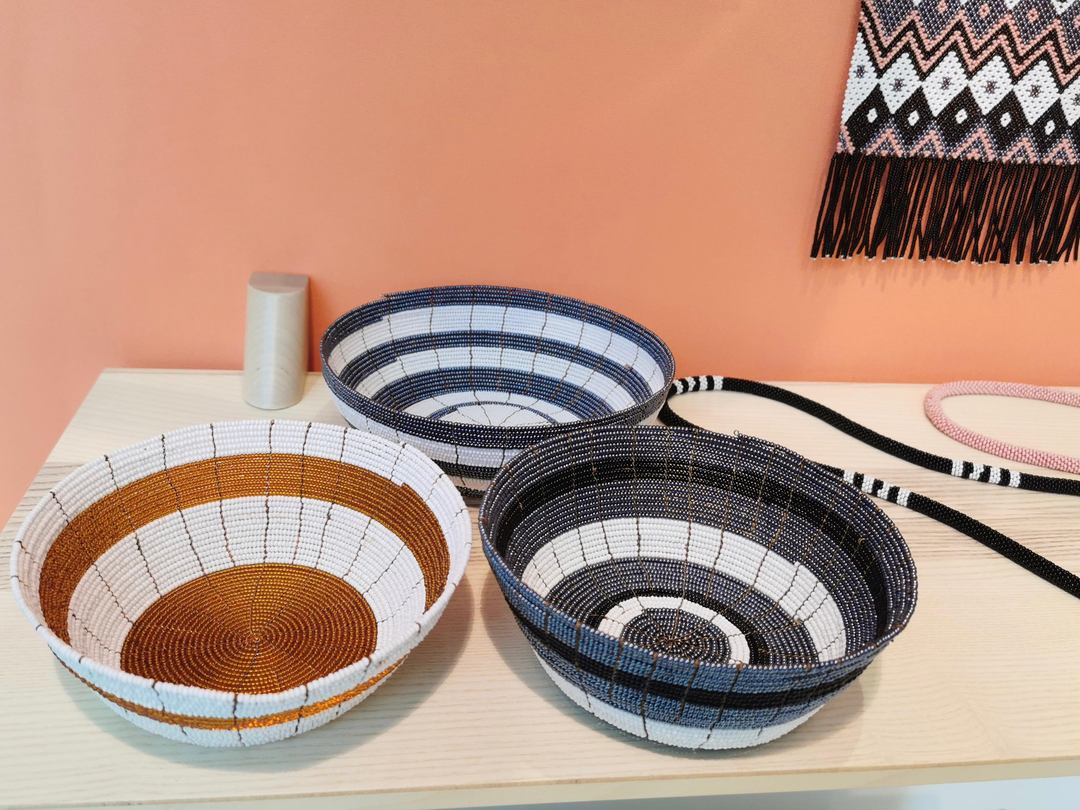 Beaded Bowl White & Navy Stripe
