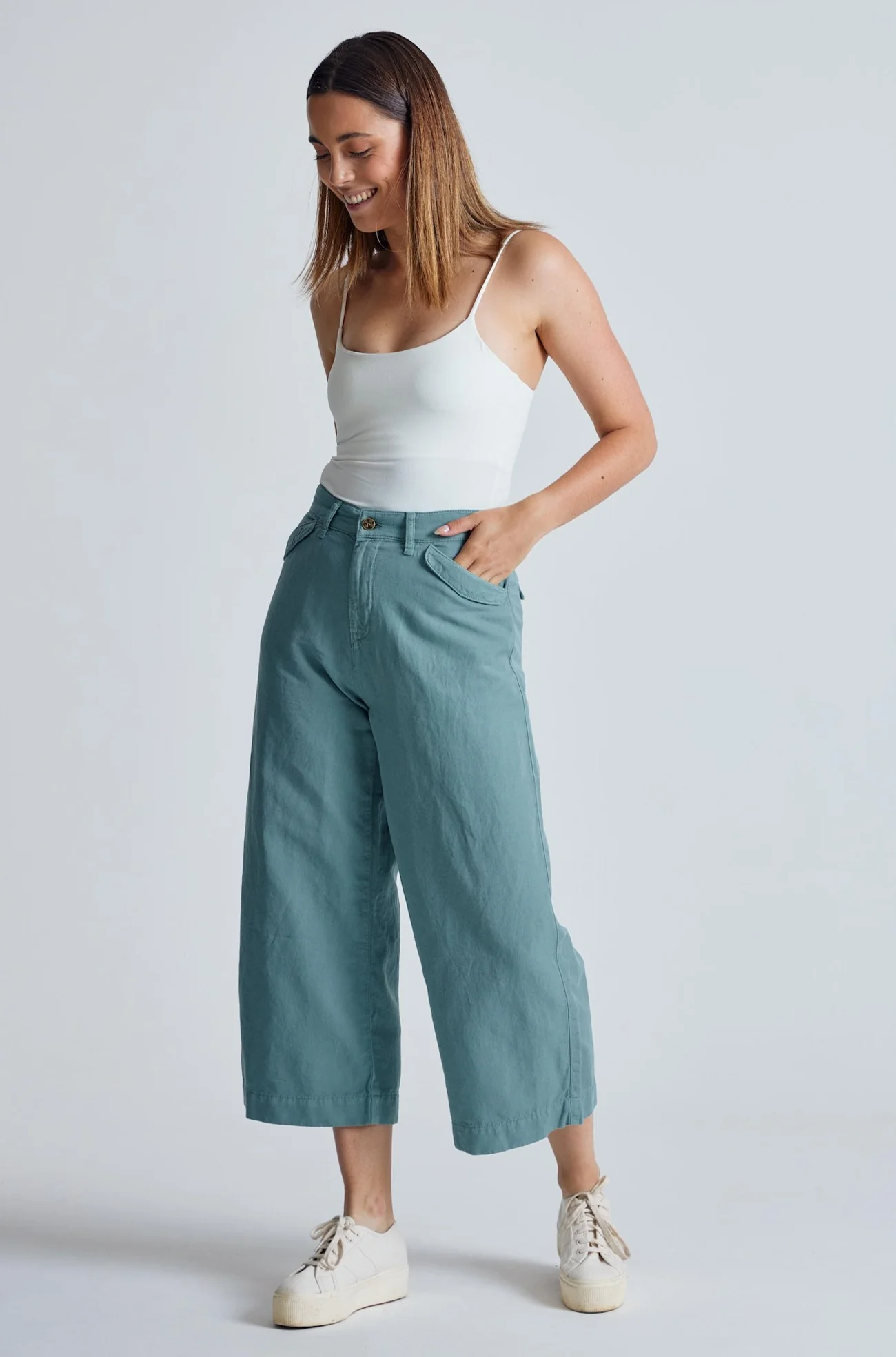 Betty Wide Leg Culottes in Retro-Blue - GOTS Organic Cotton & Linen