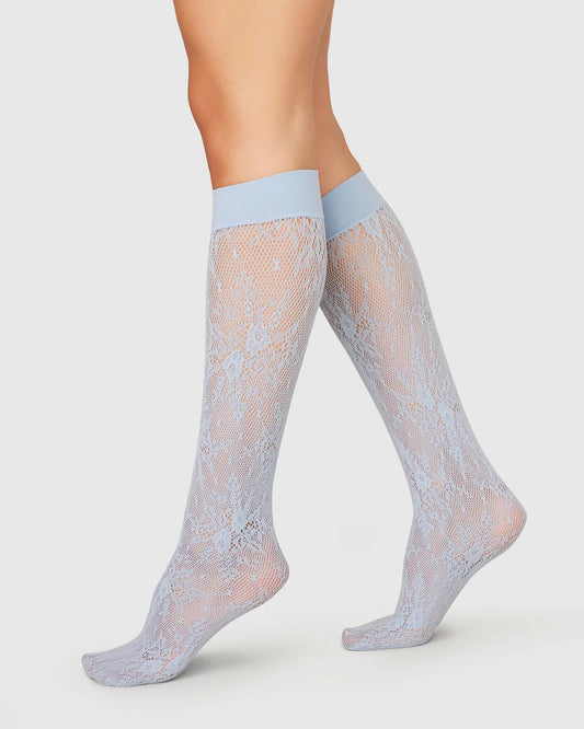 Rosa Lace Knee High Socks - Dusty Blue