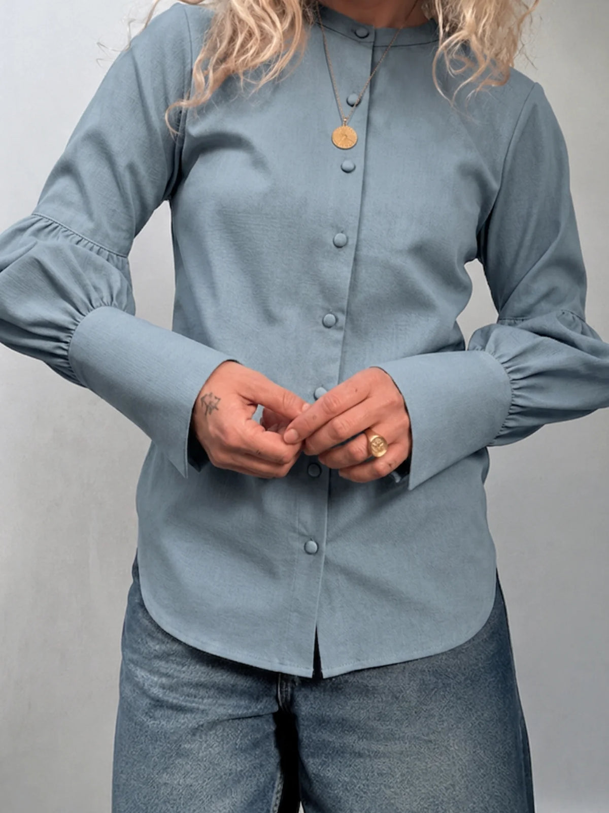 Habiba Collarless Blouse - Blue