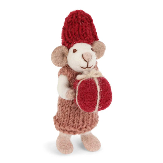 En Gry & Sif Small White Mouse with Dusty Red Dress and Present