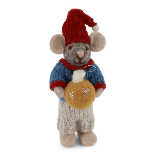 En Gry & Sif Small Grey Boy Mouse with Christmas Bauble