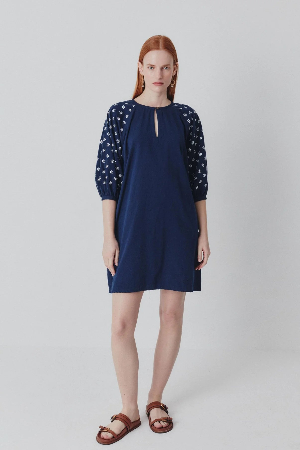Daisy Dress Hand Embroidered Navy