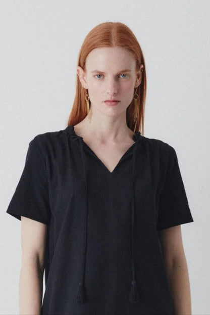 Shayla Reversible Frill Neck Black Blouse