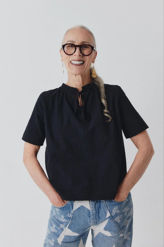 Shayla Reversible Frill Neck Black Blouse