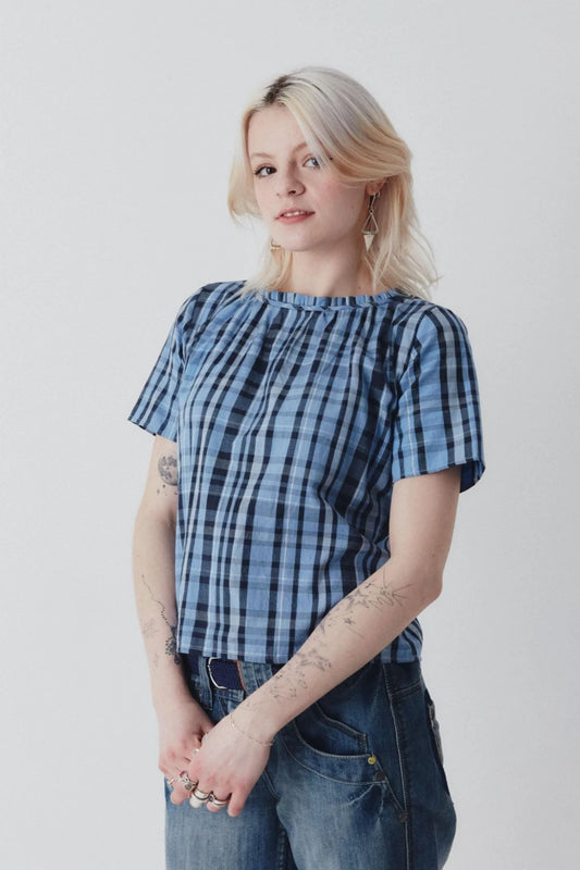 Shayla Reversible Frill Neck Blue Check