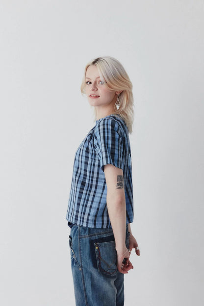 Shayla Reversible Frill Neck Blue Check