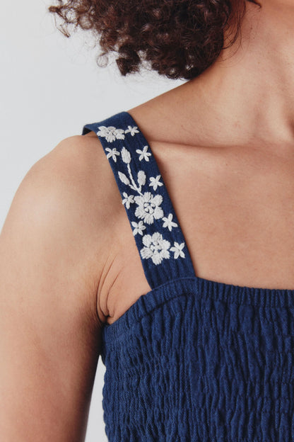 Lucy Dress Hand Embroidered Straps Navy