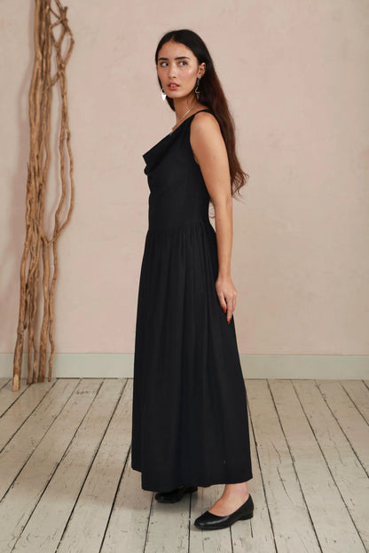 The Celia Cowl Neck Dress in Black Twill