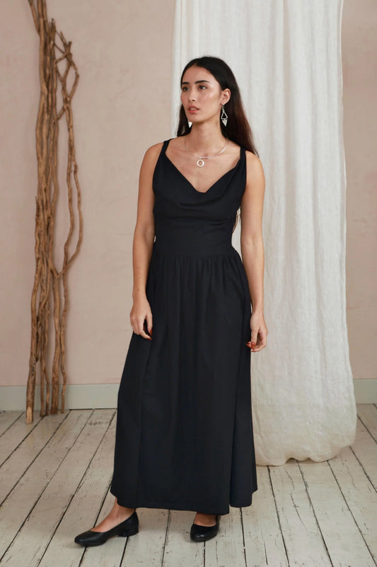 The Celia Cowl Neck Dress in Black Twill