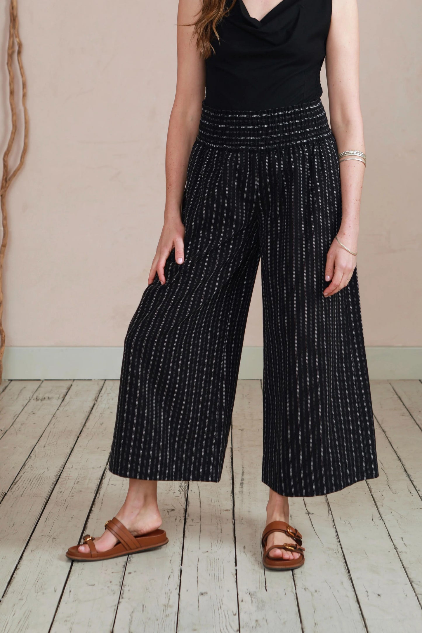 Wide Leg Trousers in Handwoven Organic Cotton - (Medium Weight Twill) - Black Stripe
