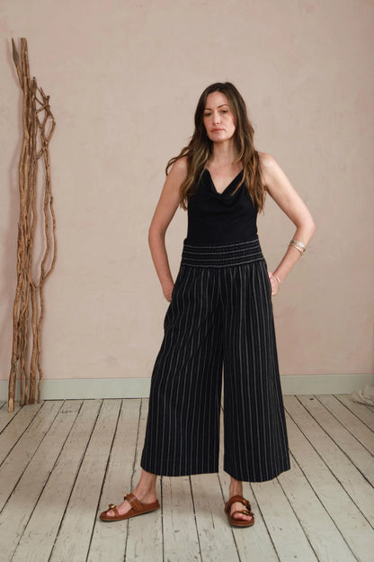 Wide Leg Trousers in Handwoven Organic Cotton - (Medium Weight Twill) - Black Stripe