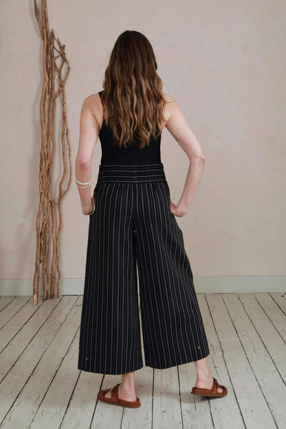 Wide Leg Trousers in Handwoven Organic Cotton - (Medium Weight Twill) - Black Stripe