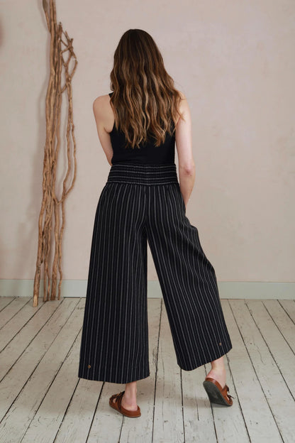 Wide Leg Trousers in Handwoven Organic Cotton - (Medium Weight Twill) - Black Stripe