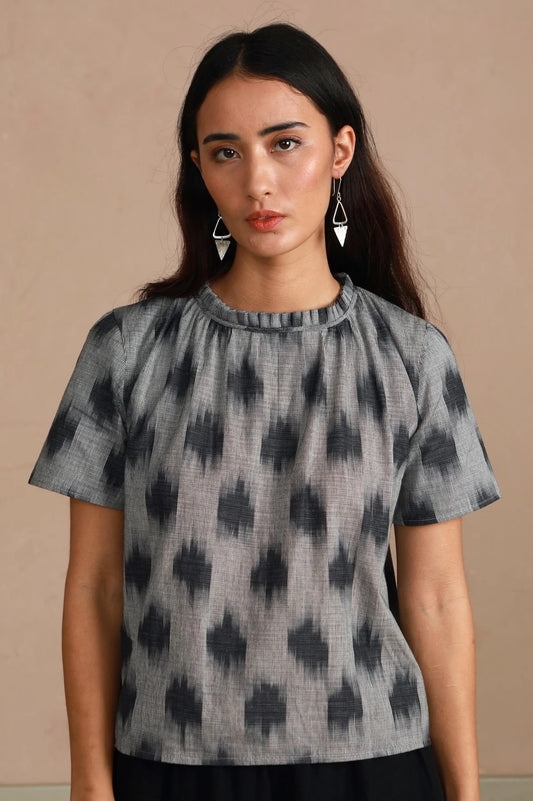 Shayla Top - Reversible Frill-Neck - Grey Ikat Hand Weave