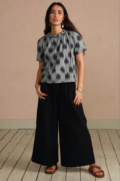 Shayla Top - Reversible Frill-Neck - Grey Ikat Hand Weave