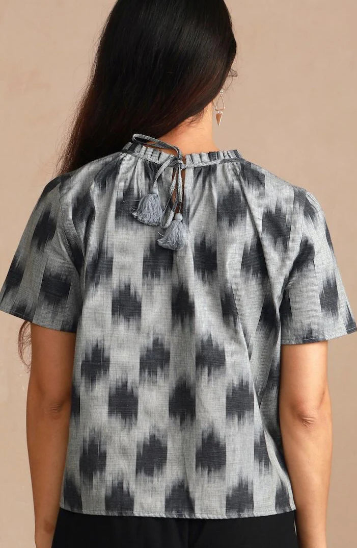 Shayla Top - Reversible Frill-Neck - Grey Ikat Hand Weave