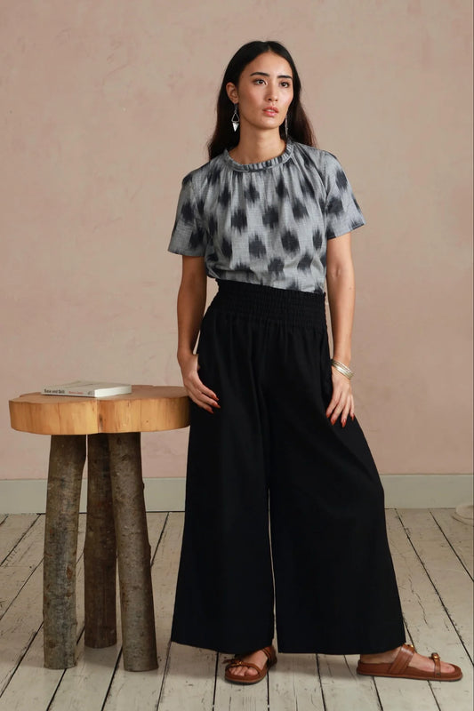 Shayla Top - Reversible Frill-Neck - Grey Ikat Hand Weave