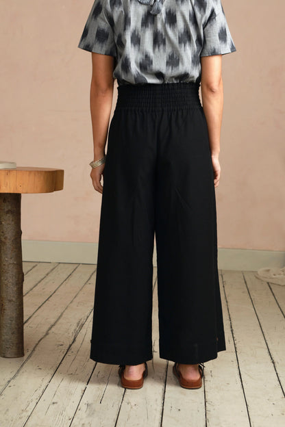 Wide Leg Trousers in Handwoven Organic Cotton - (Medium Weight Twill) - Solid Black