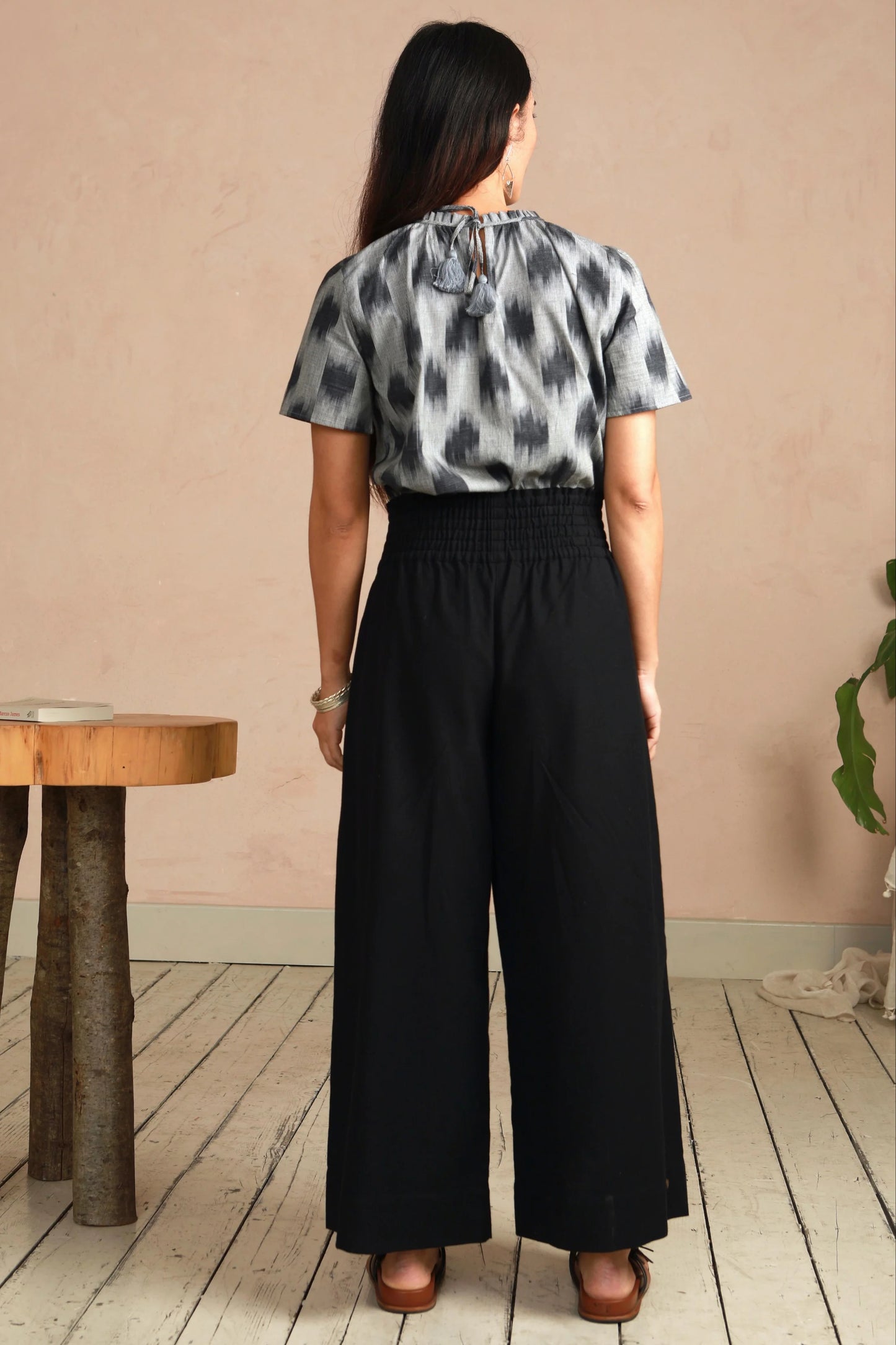 Wide Leg Trousers in Handwoven Organic Cotton - (Medium Weight Twill) - Solid Black