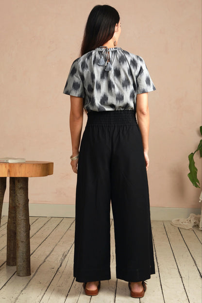 Wide Leg Trousers in Handwoven Organic Cotton - (Medium Weight Twill) - Solid Black