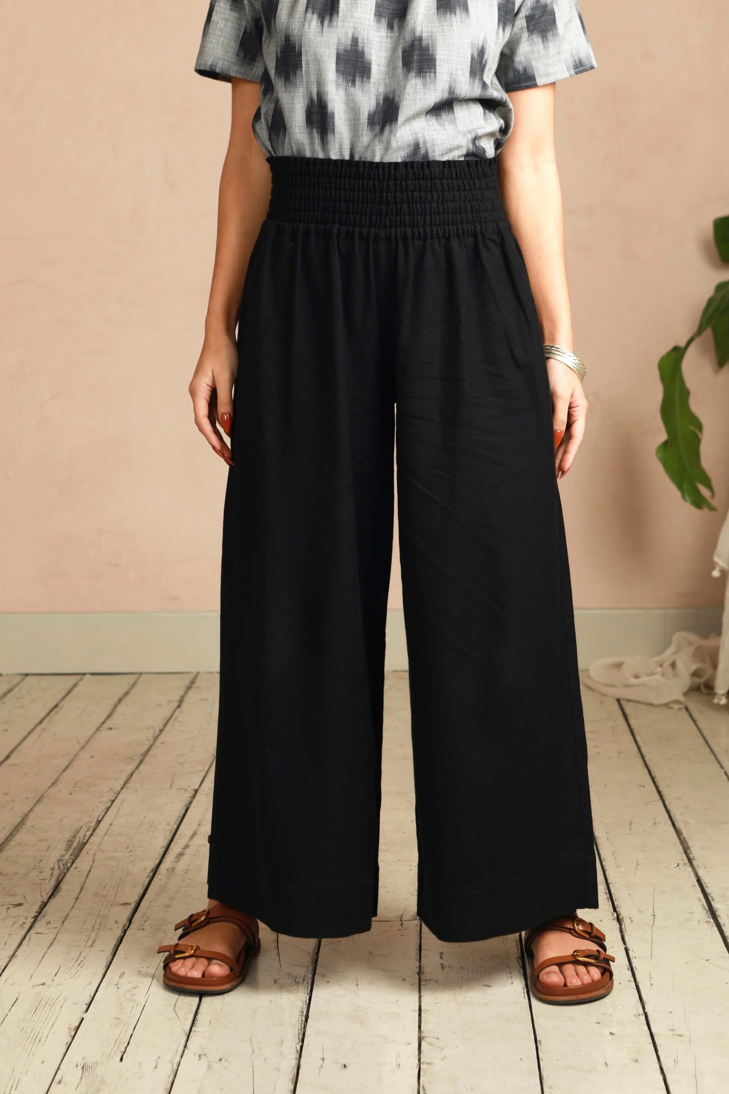 Wide Leg Trousers in Handwoven Organic Cotton - (Medium Weight Twill) - Solid Black