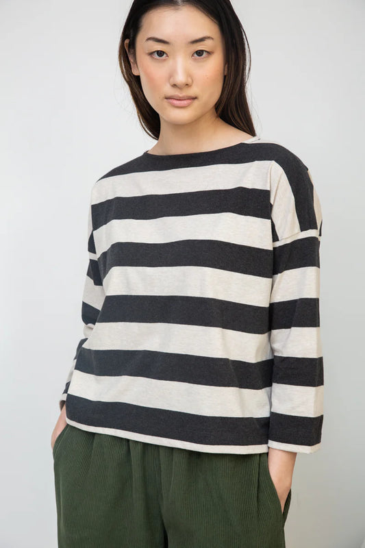 Leia-Sue Organic Cotton Stripe Jersey Top Charcoal & Ecru Marl Stripe