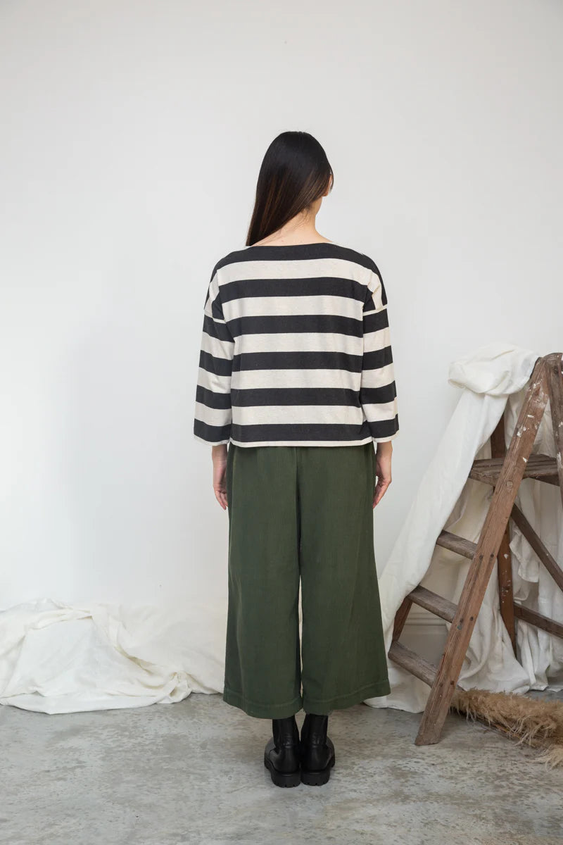 Leia-Sue Organic Cotton Stripe Jersey Top Charcoal & Ecru Marl Stripe