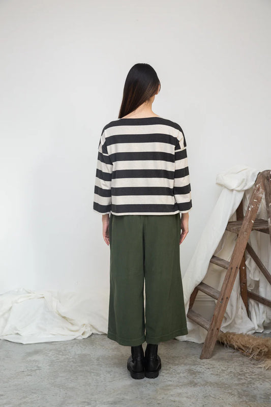 Leia-Sue Organic Cotton Stripe Jersey Top Charcoal & Ecru Marl Stripe