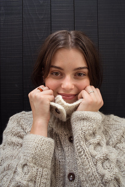The Chloe Cardigan with Funnel Neck - Hand Knit in Natural Light Grey
